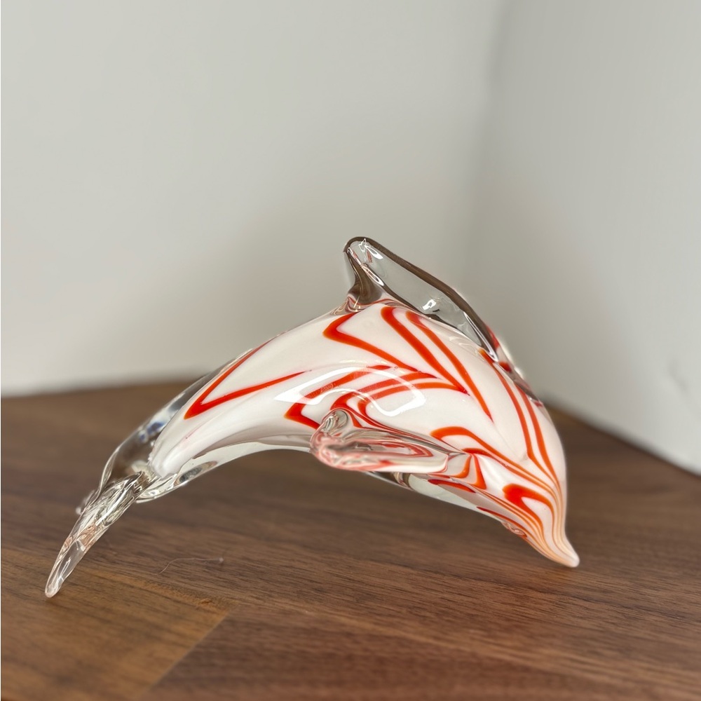 Art Deco Blown Glass White Orange Striped Dolphin